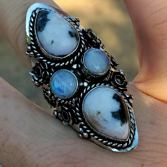 New Zebra Jasper and Rainbow Moonstone 925 Silver Statement Ring. - Picture 15 of 16